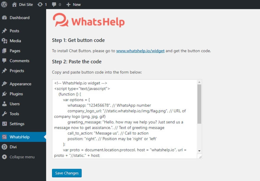 Configuração do WhatsHelp Chat Button